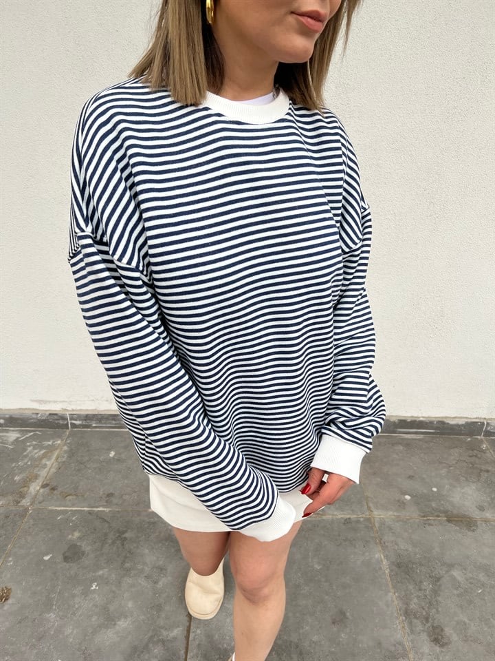 Oversize Lacivert Çizgili Sweat