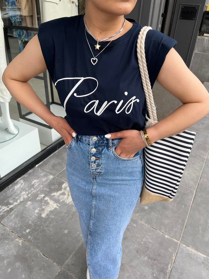 Paris Nakışlı Vatkalı Tshirt Lacivert