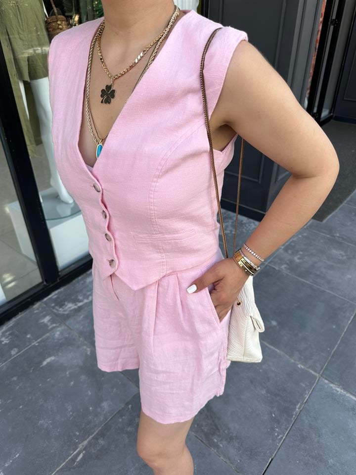 Pembe %100 Ham Keten Astarı Pamuklu Yelek