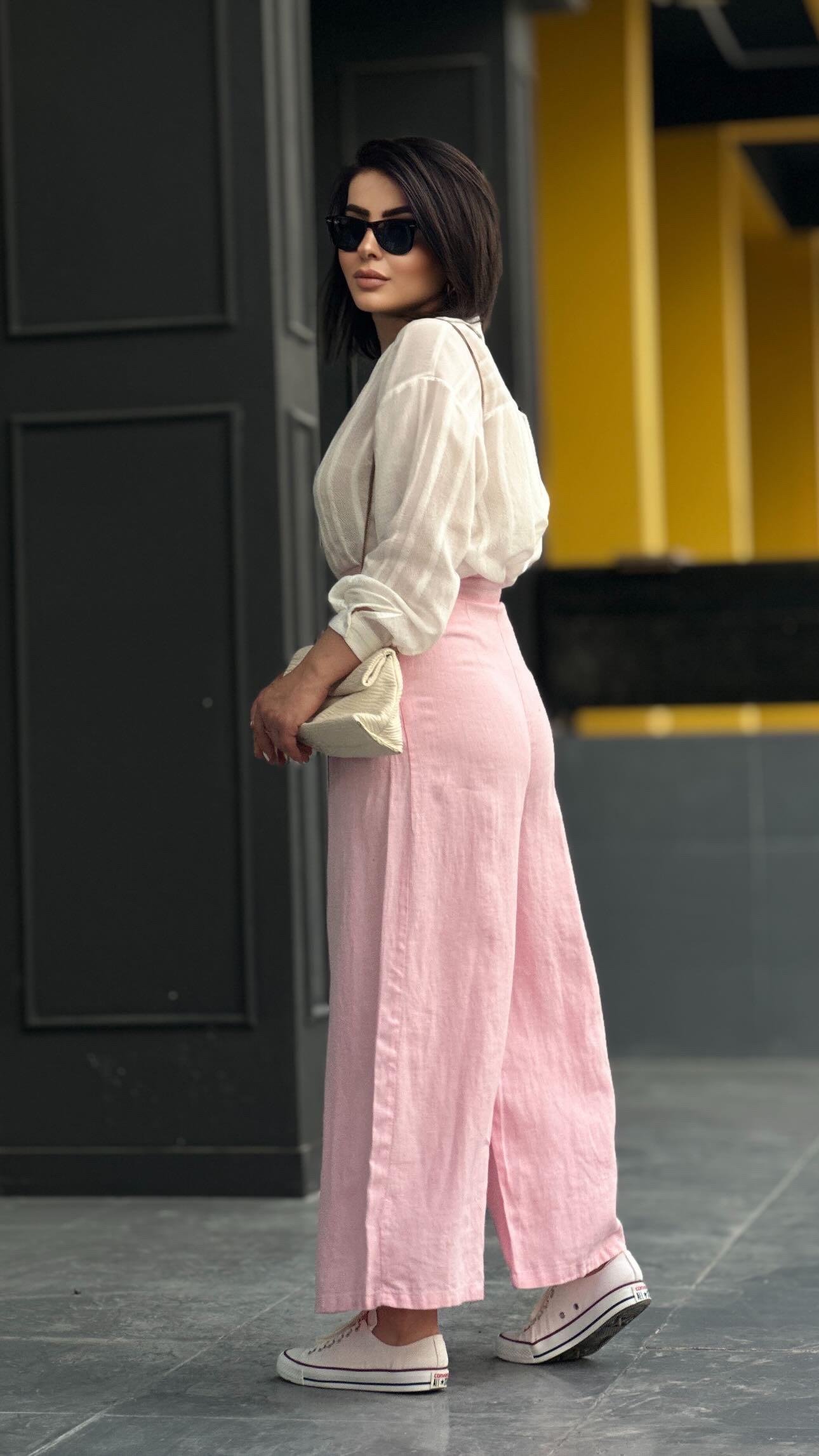 Pembe % 100 Ham Keten Çift Pensli Çift Düğmeli Bol Paça Pantolon