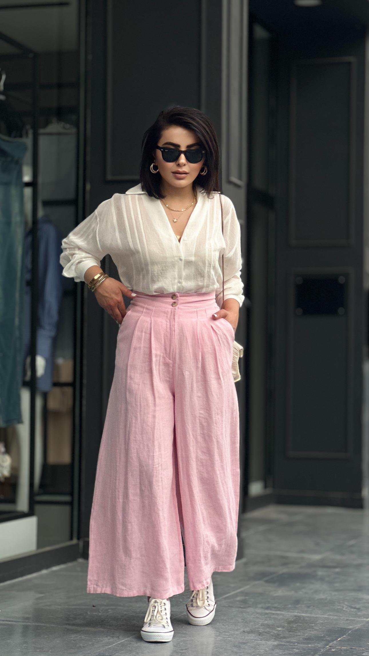 Pembe % 100 Ham Keten Çift Pensli Çift Düğmeli Bol Paça Pantolon