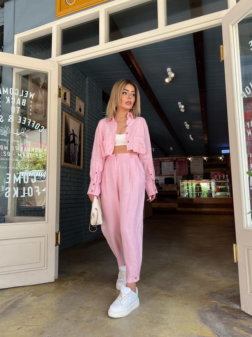 Pembe %100 Ham Keten Crop Gömlek 