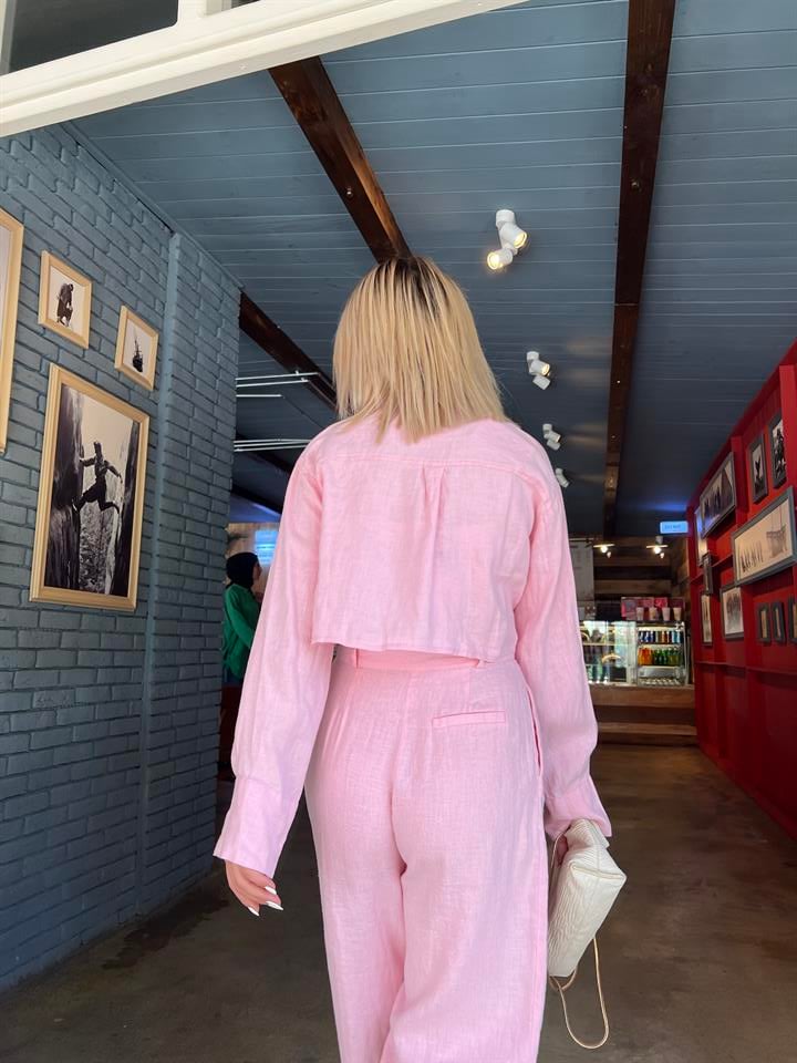 Pembe %100 Ham Keten Crop Gömlek 