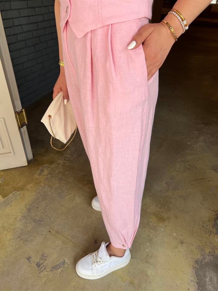 Pembe %100 Ham keten Paça Düğmeli Pantolon 