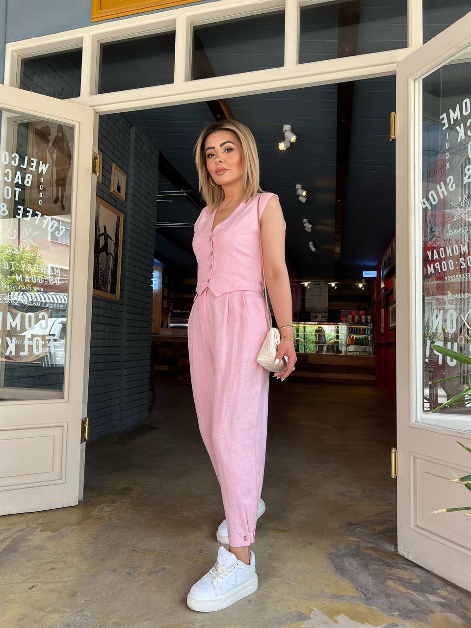 Pembe %100 Ham keten Paça Düğmeli Pantolon 