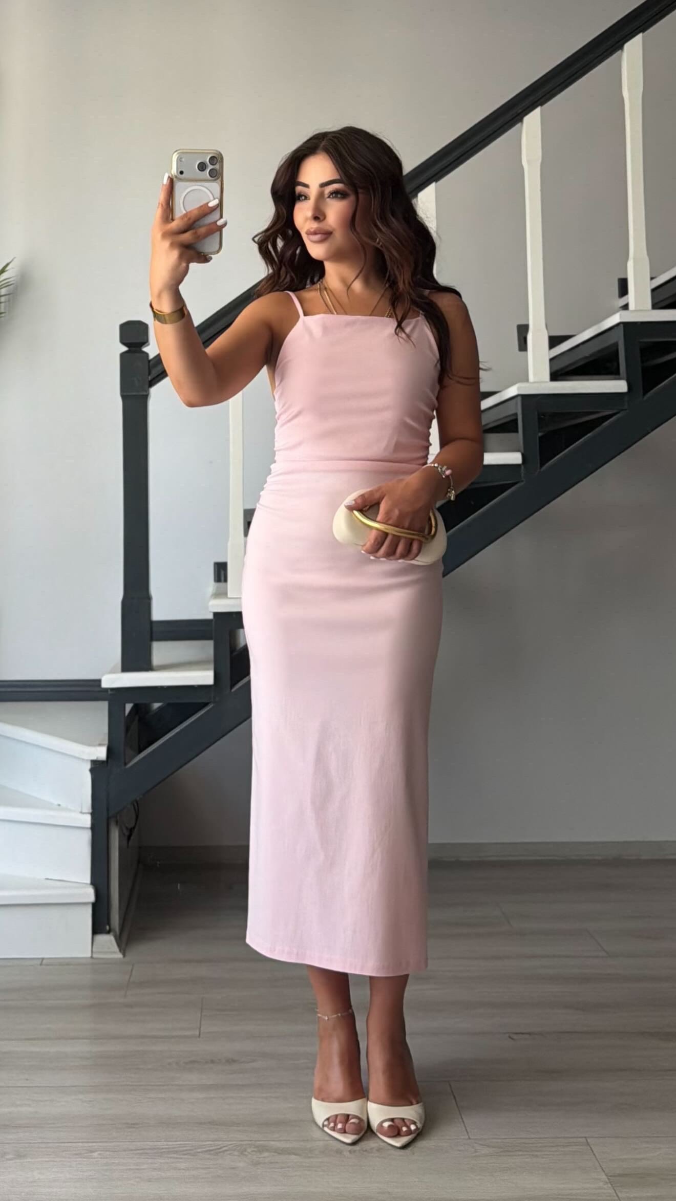 Pink Ruched Midi Dress with Adjustable Straps
