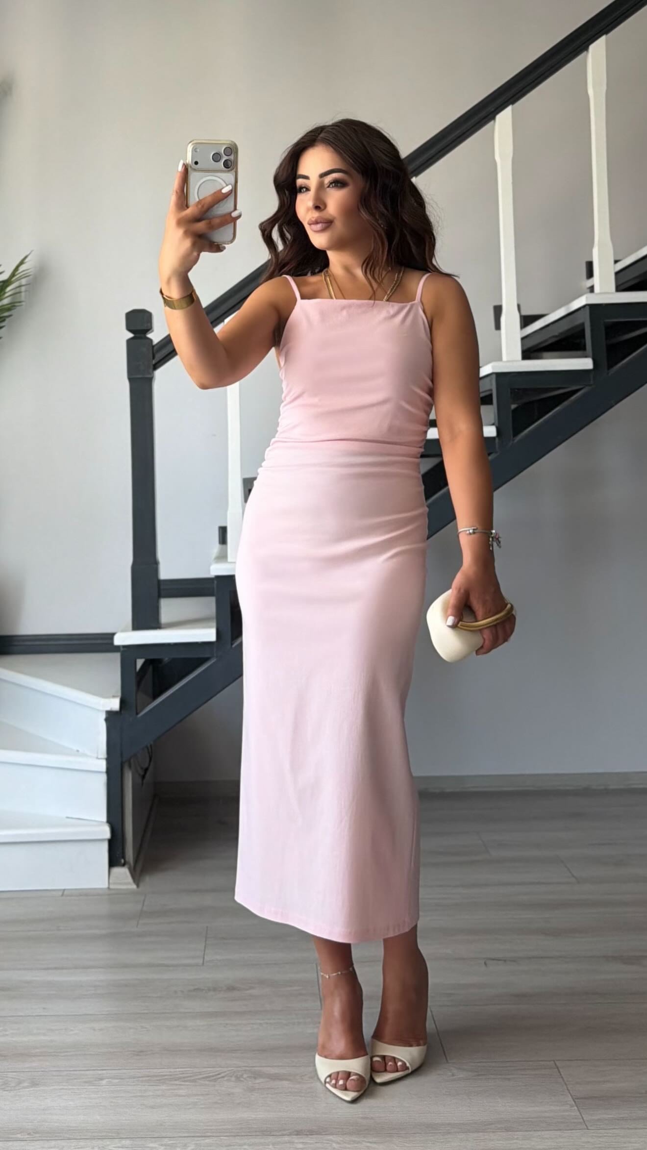 Pink Ruched Midi Dress with Adjustable Straps