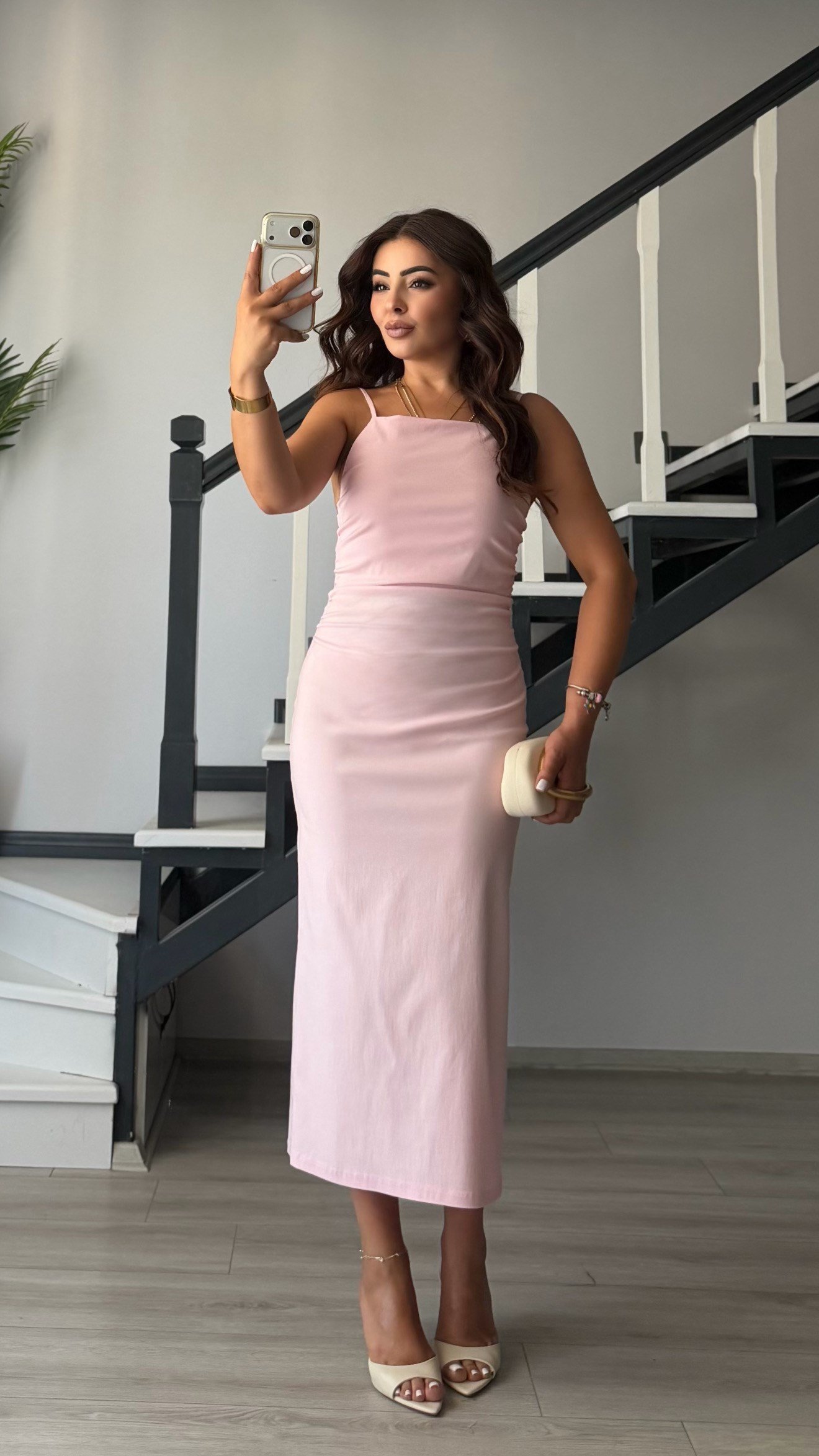 Pink Ruched Midi Dress with Adjustable Straps