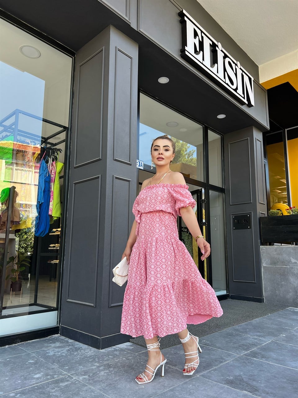 Pembe Çiçekli Gofre Elbise