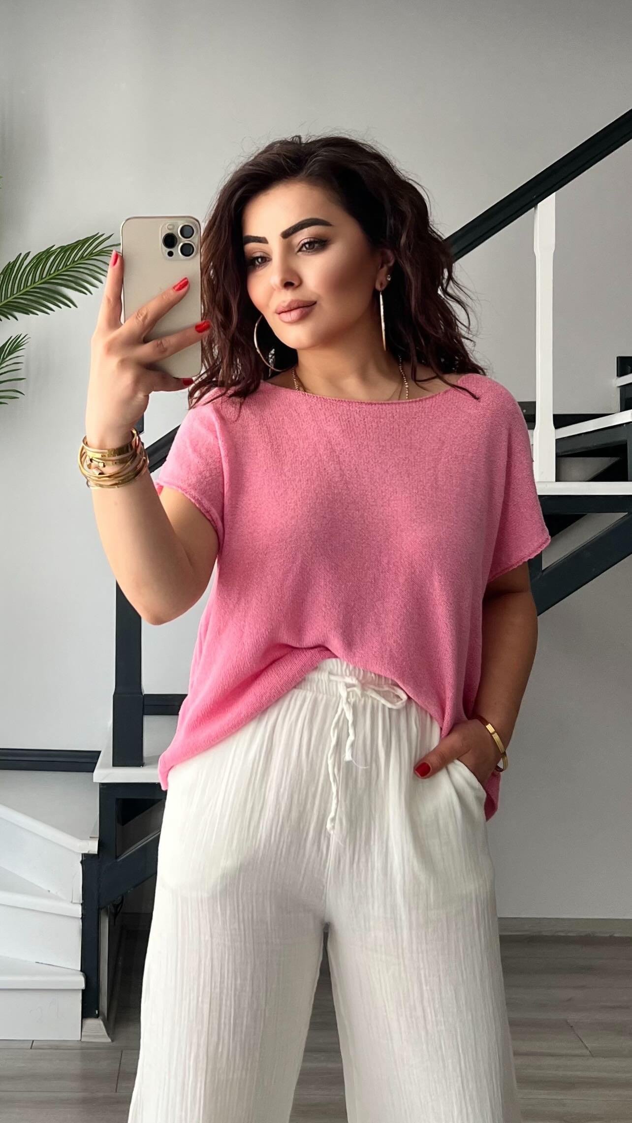 Pembe Kayık Yaka Merserize Bluz