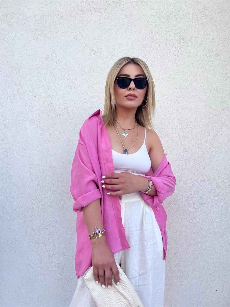 Pembe Oversize Tensel Gömlek