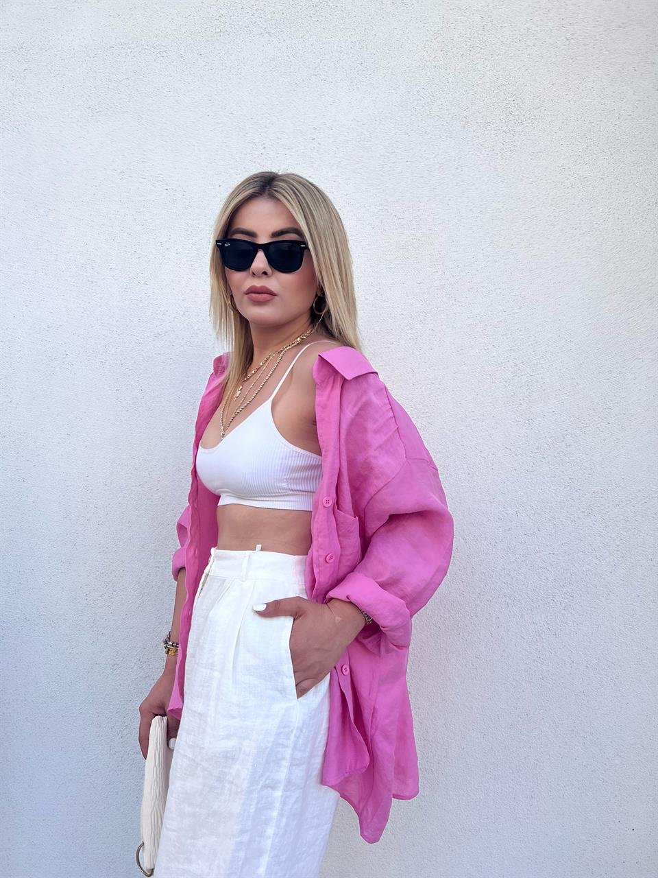 Pembe Oversize Tensel Gömlek
