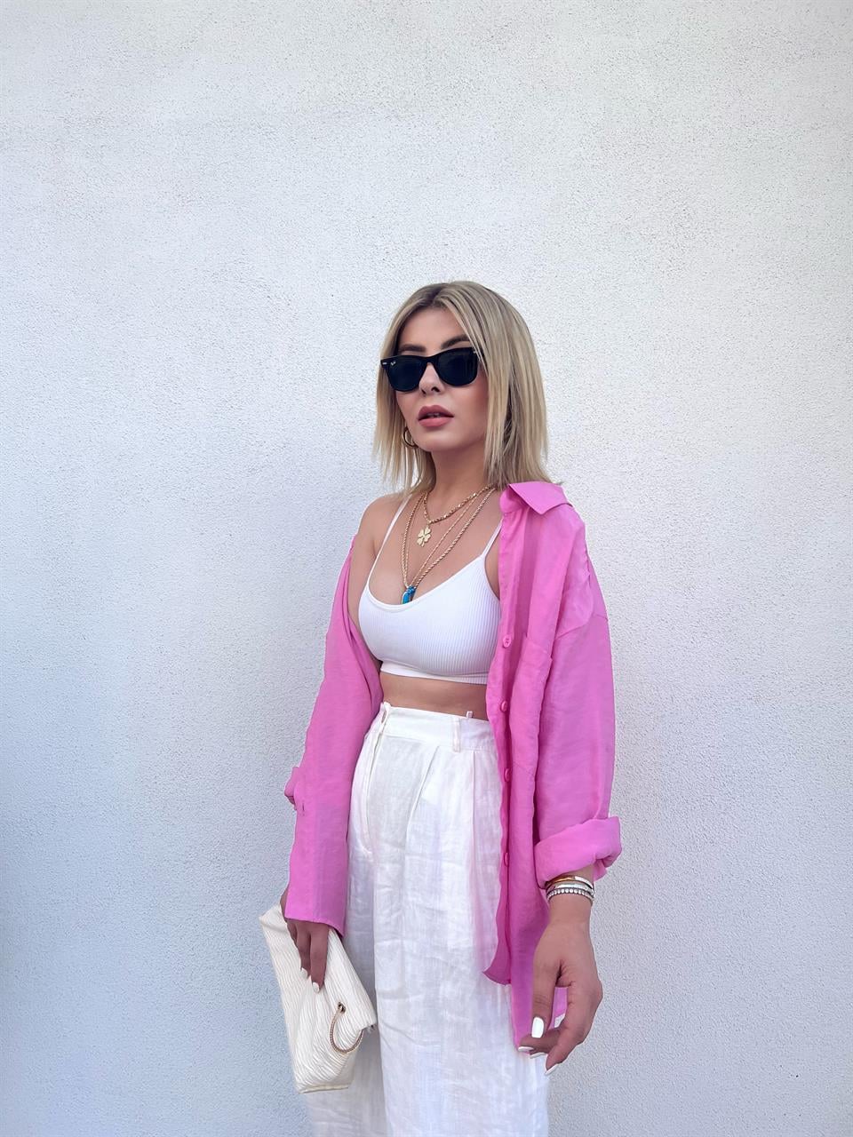 Pembe Oversize Tensel Gömlek