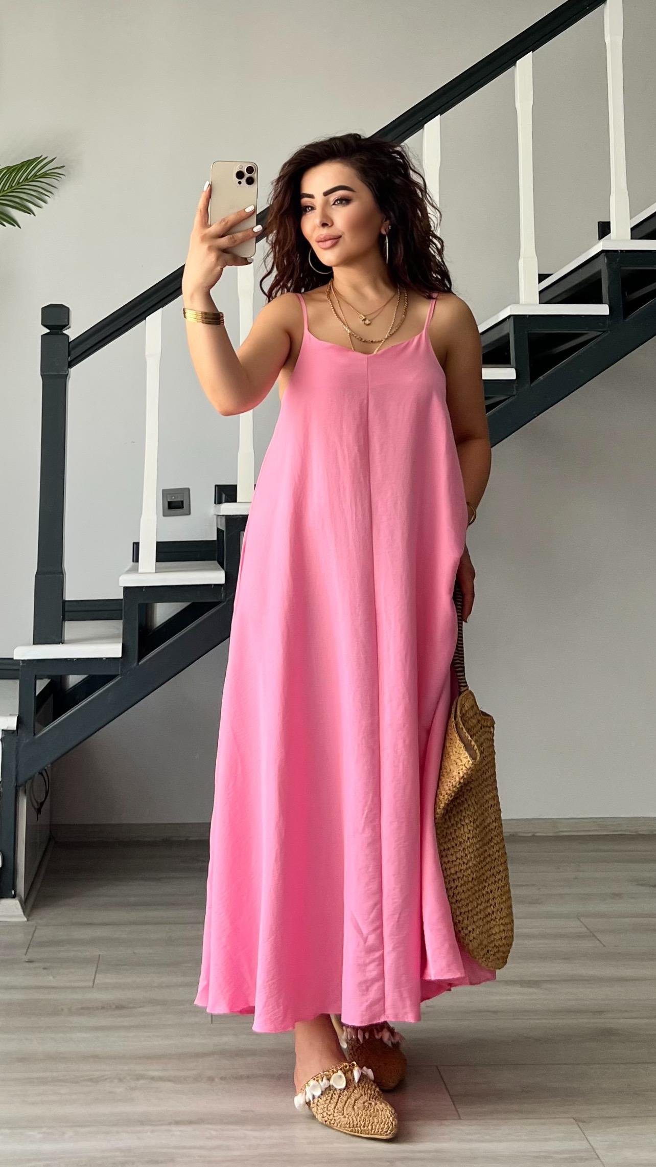 Pembe Premium Askılı Elbise