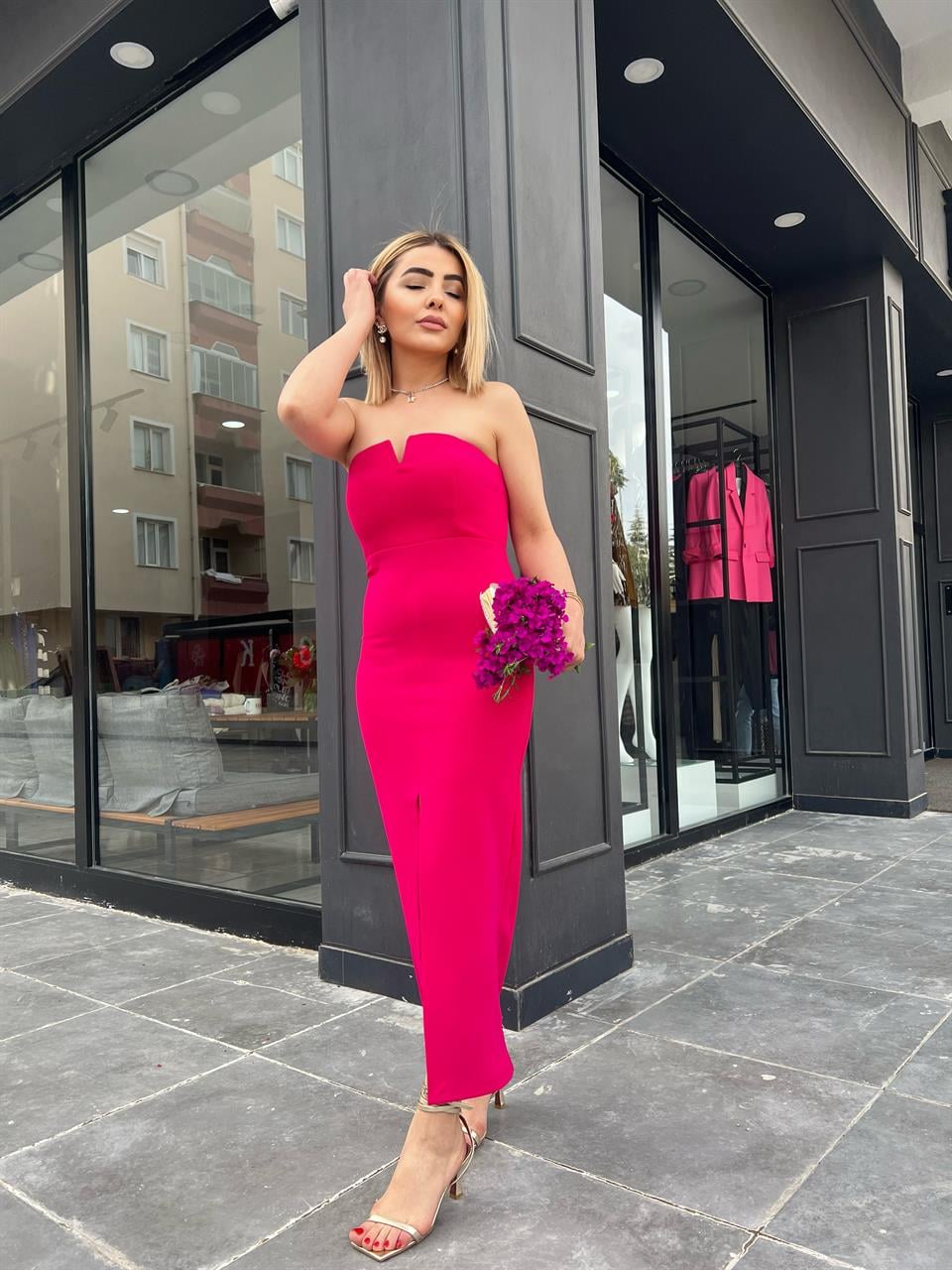 Pembe Straplez Kalem Elbise 