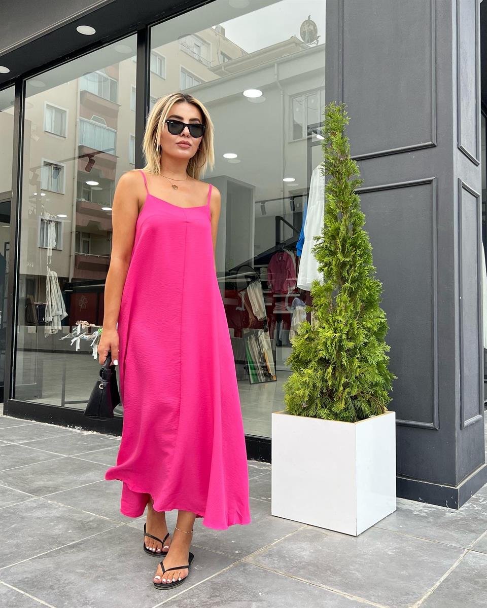 Pembe Tensel Kumaş Askılı Elbise 