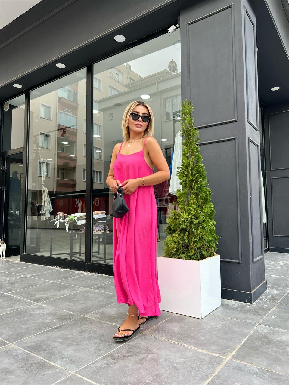 Pembe Tensel Kumaş Askılı Elbise 