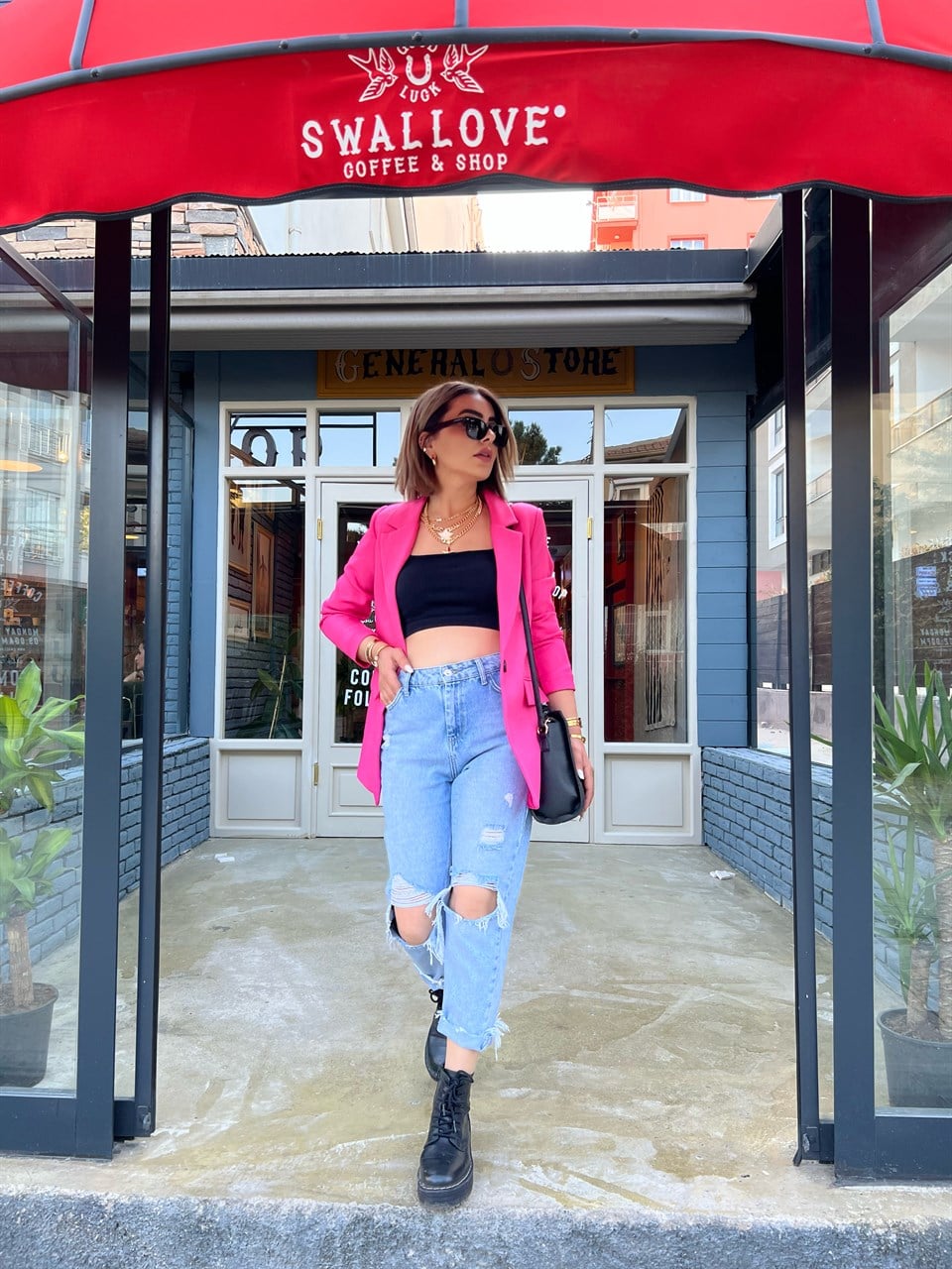 Pembe Yün Efekt Blazer Ceket 
