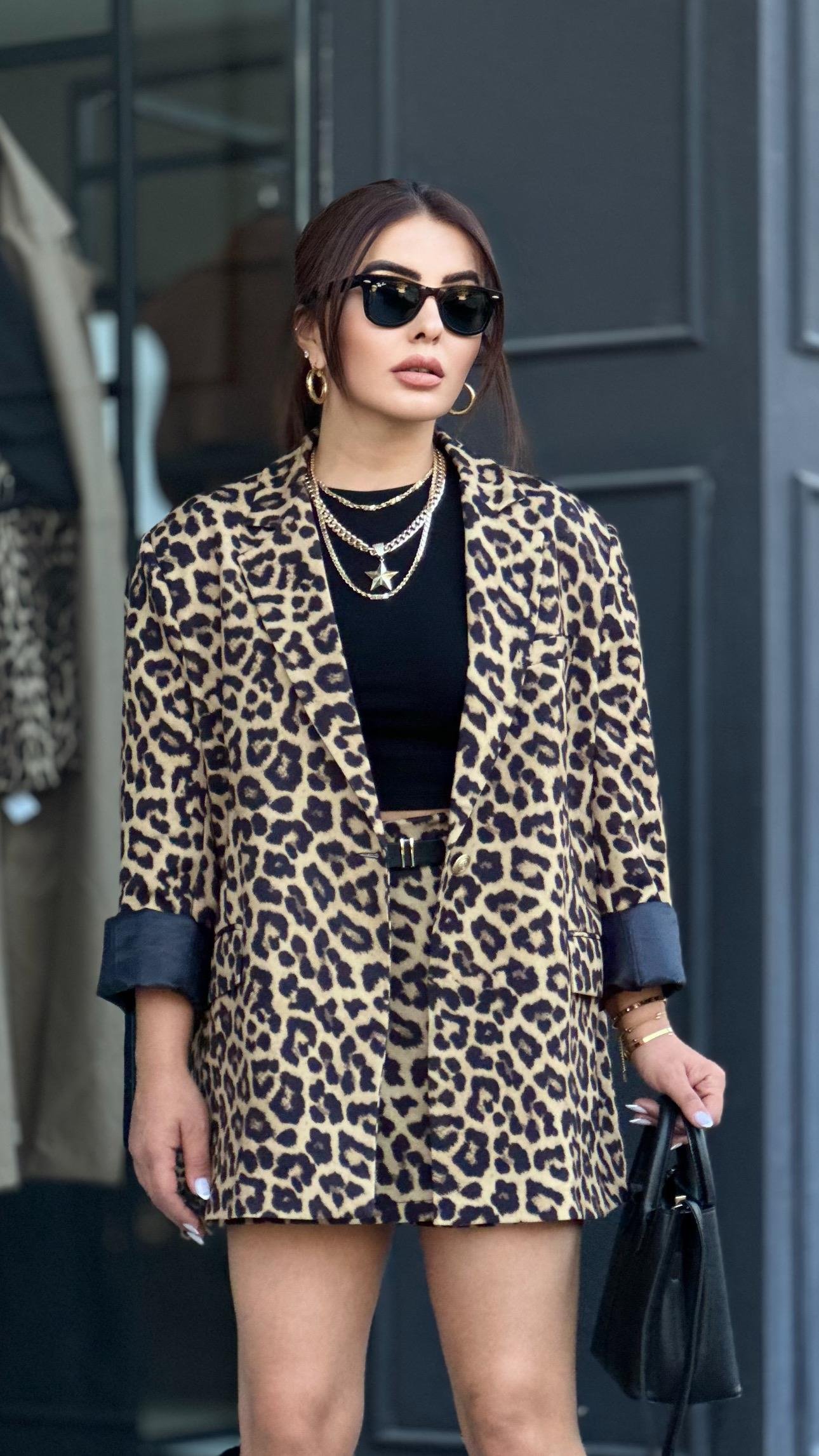 Premium Leopar Ceket - Şort Etek Takım 