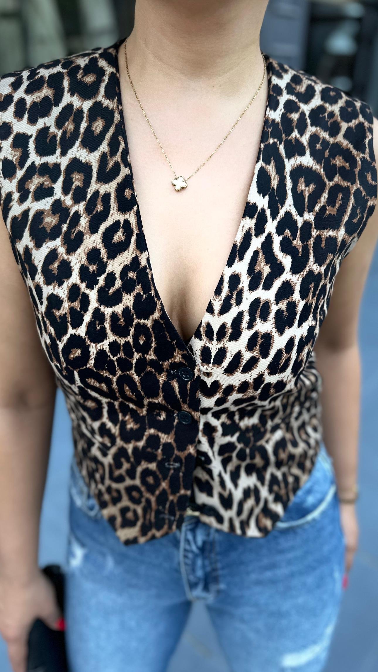 Premium Leopar Desen Düğmeli Yelek