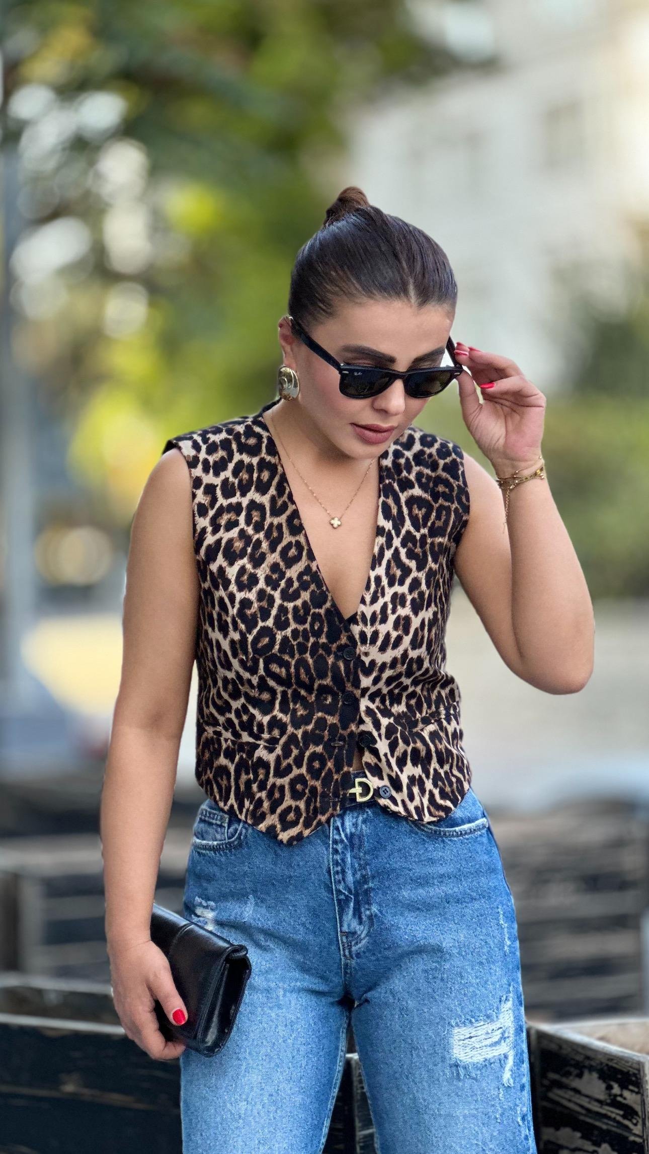 Premium Leopar Desen Düğmeli Yelek