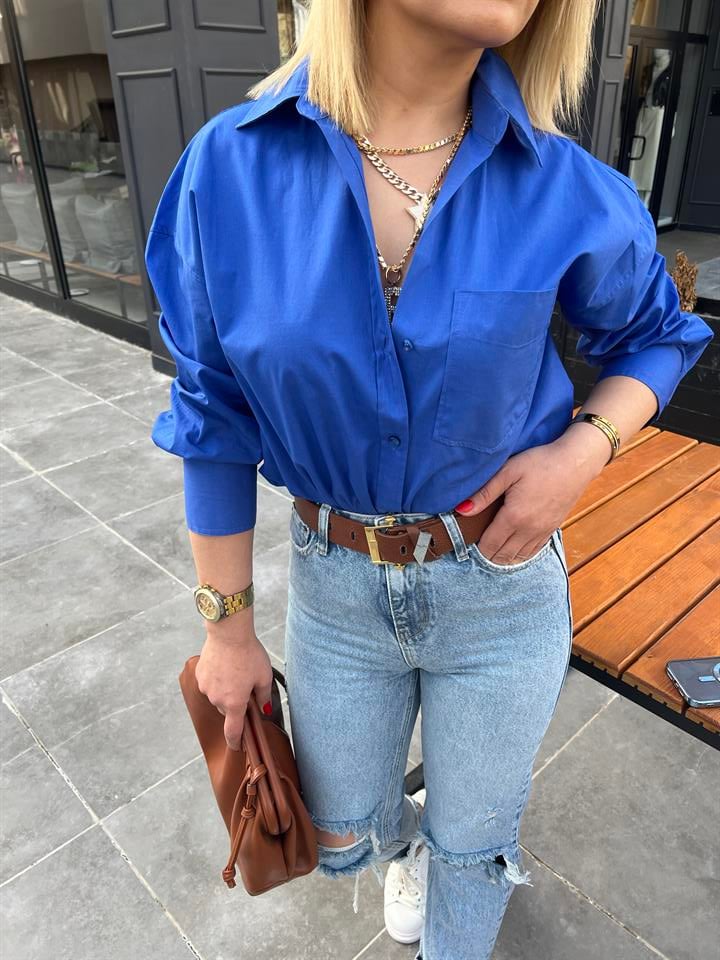 Saks Mavi Önü Tek Cepli Oversize Gömlek