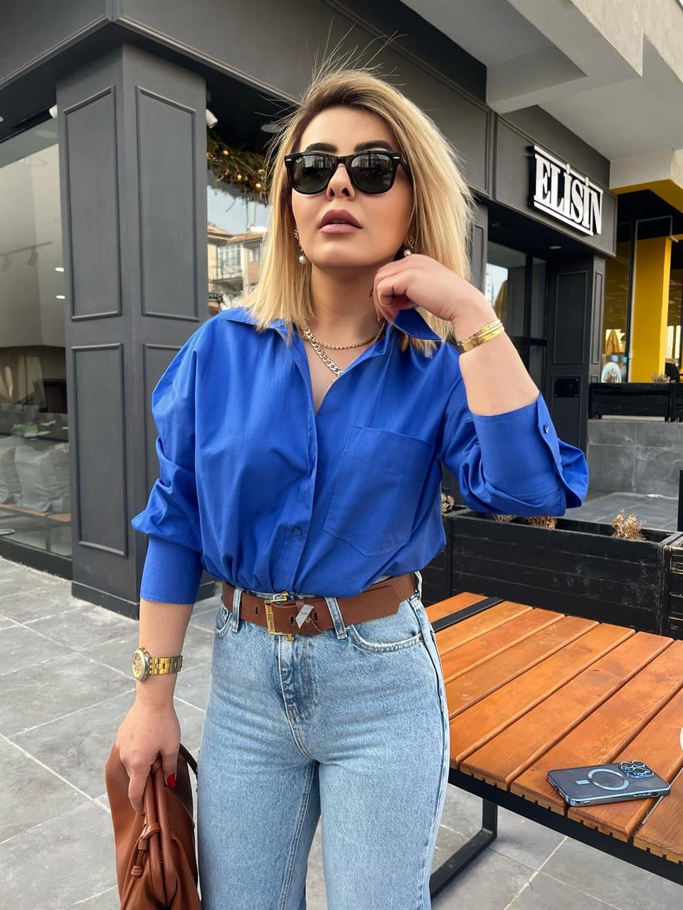 Saks Mavi Önü Tek Cepli Oversize Gömlek
