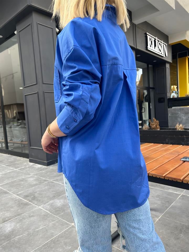 Saks Mavi Önü Tek Cepli Oversize Gömlek