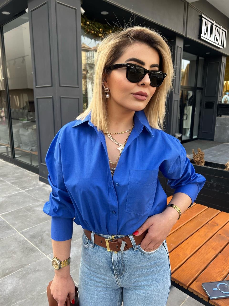 Saks Mavi Önü Tek Cepli Oversize Gömlek