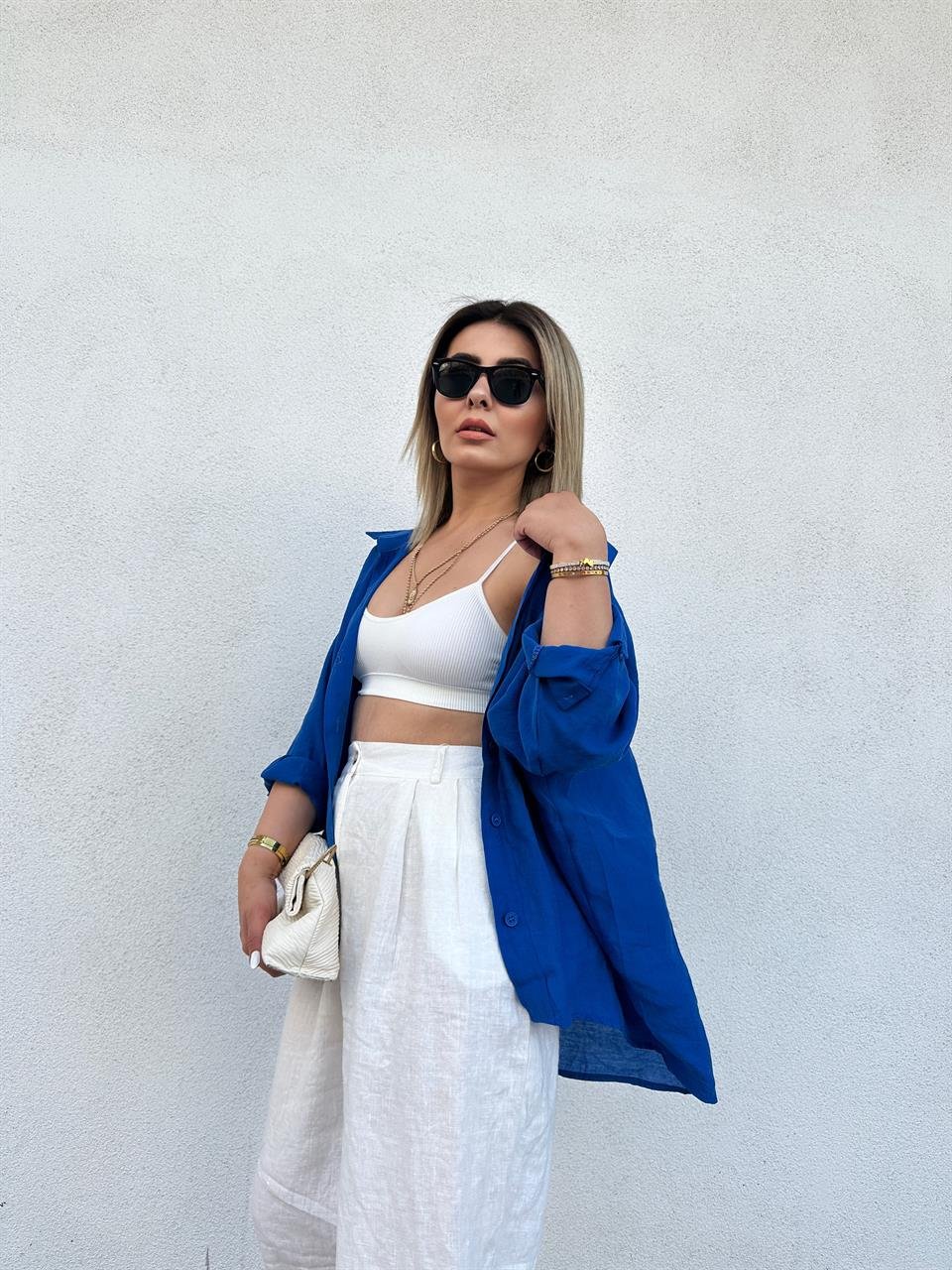 Saks Mavi Oversize Tensel Gömlek