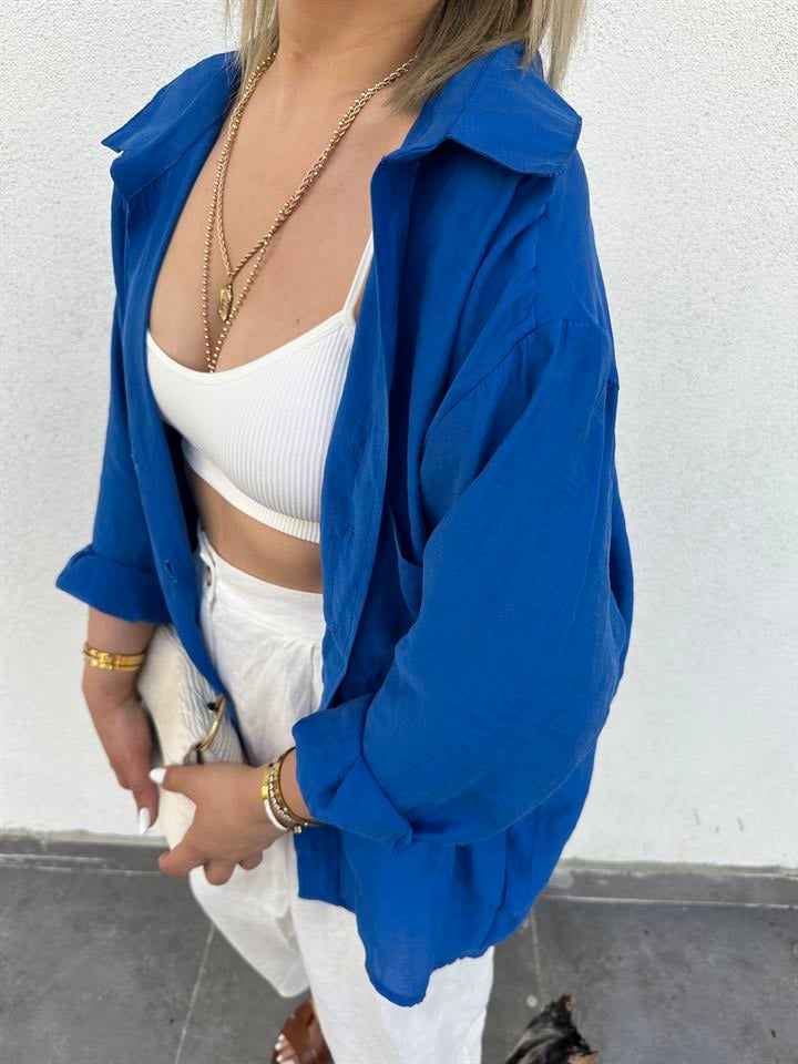 Saks Mavi Oversize Tensel Gömlek
