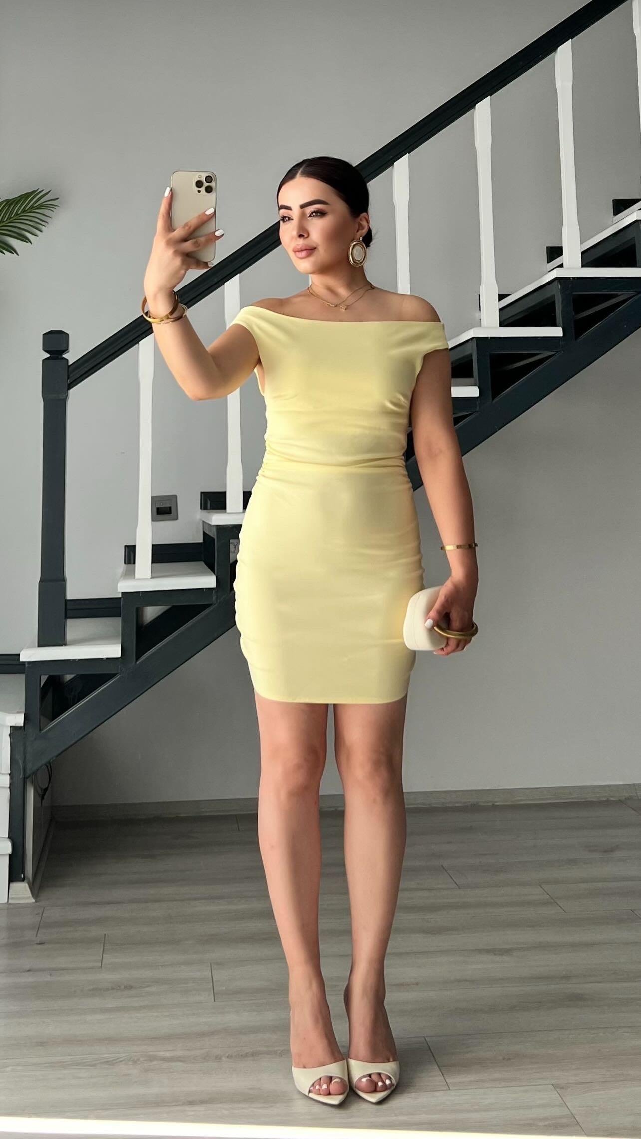 Sarı Büzgülü Mini Elbise