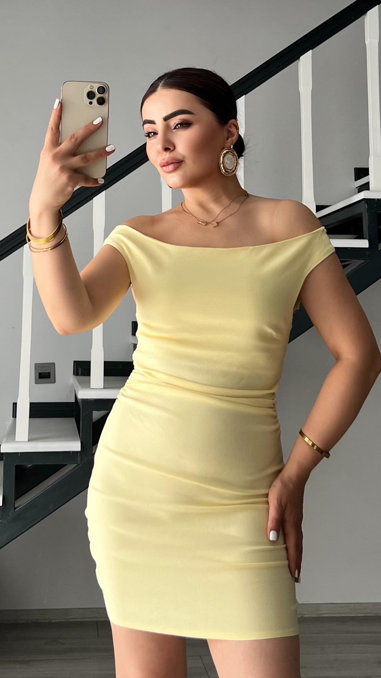 Sarı Büzgülü Mini Elbise