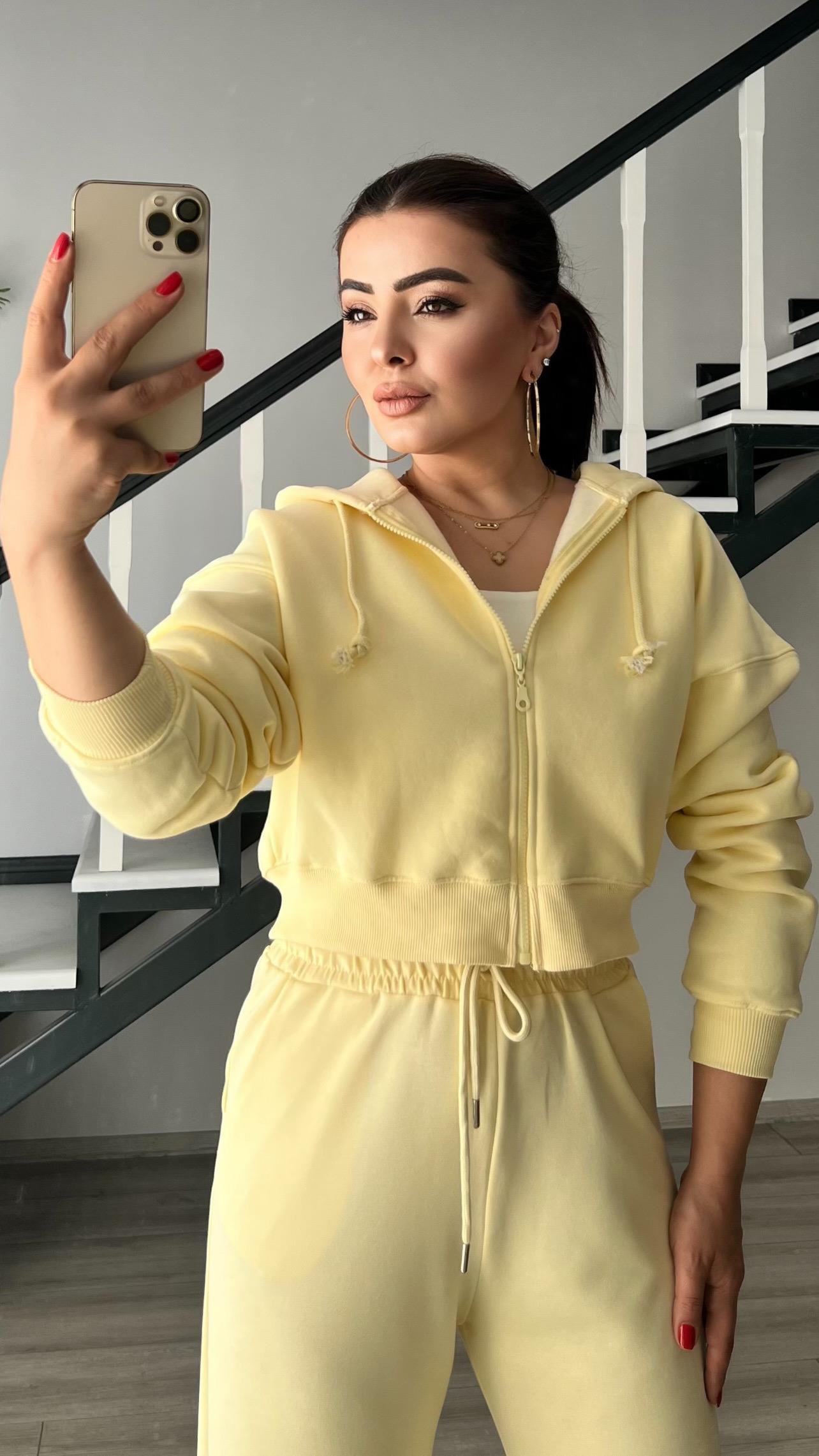 Sarı Fermuarlı Kapüşonlu Sweat