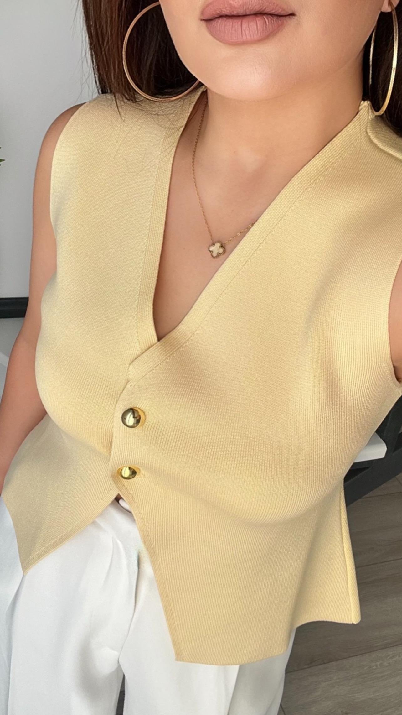 Sarı Gold Düğme Çelik Triko Yelek