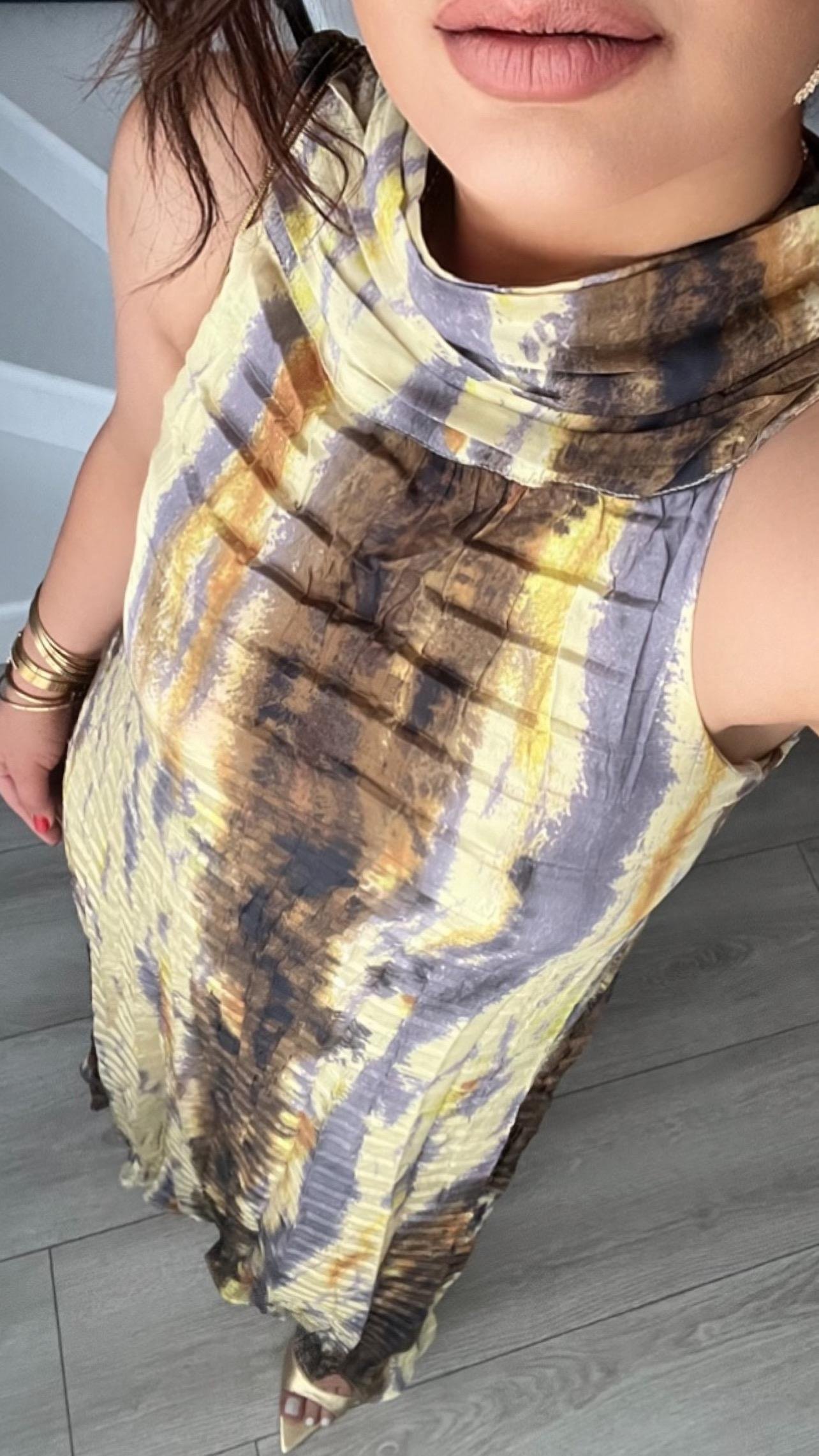 Sarı-Kahve Batik Desen Elbise