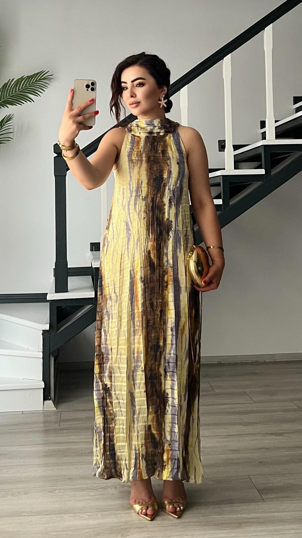 Sarı-Kahve Batik Desen Elbise