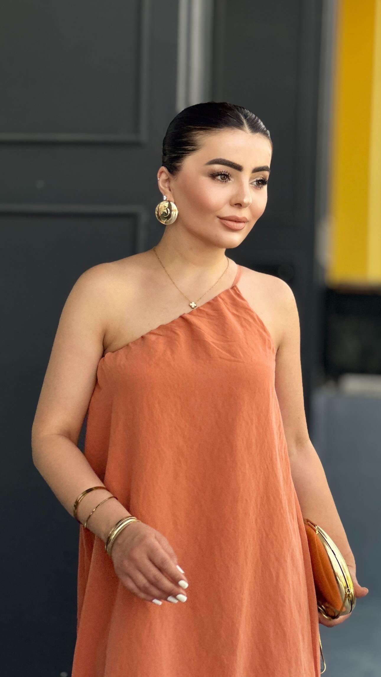 Şeftali Tek Omuz Asimetrik Elbise 