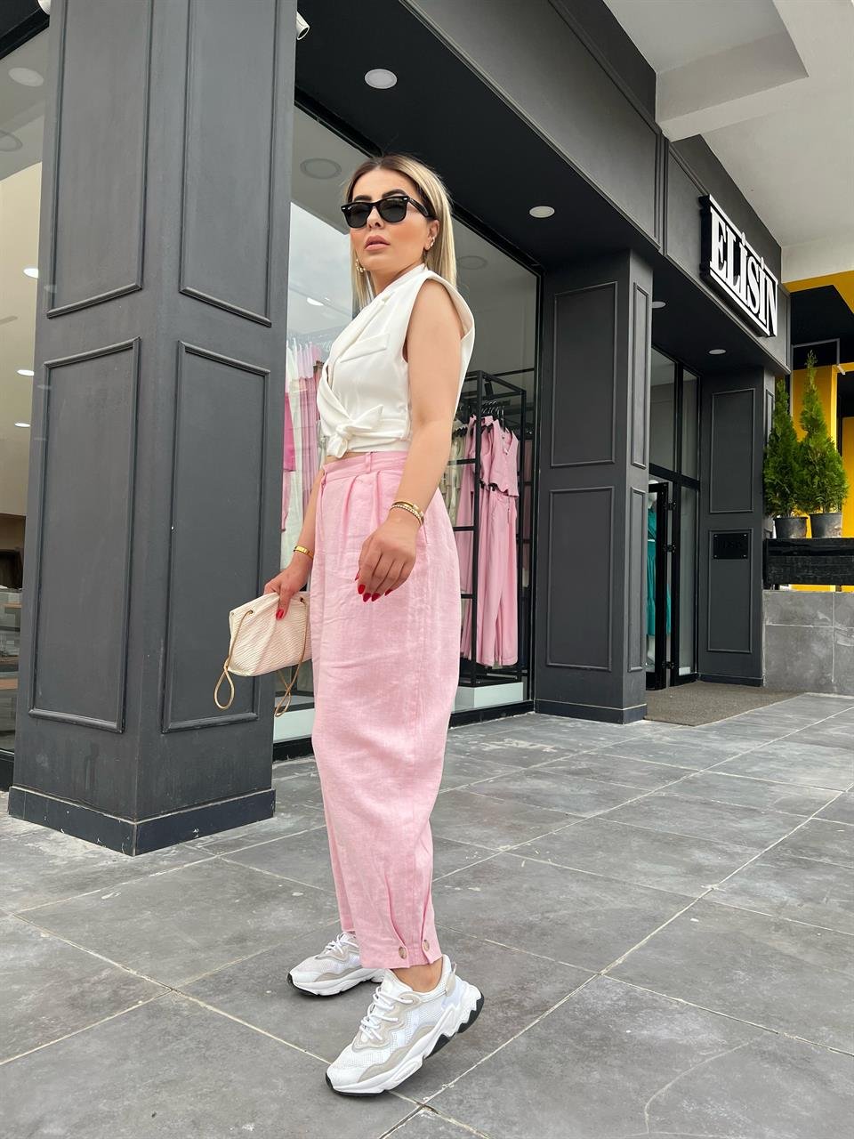 Şeker Pembe Ham Keten Paça Düğmeli Pantolon