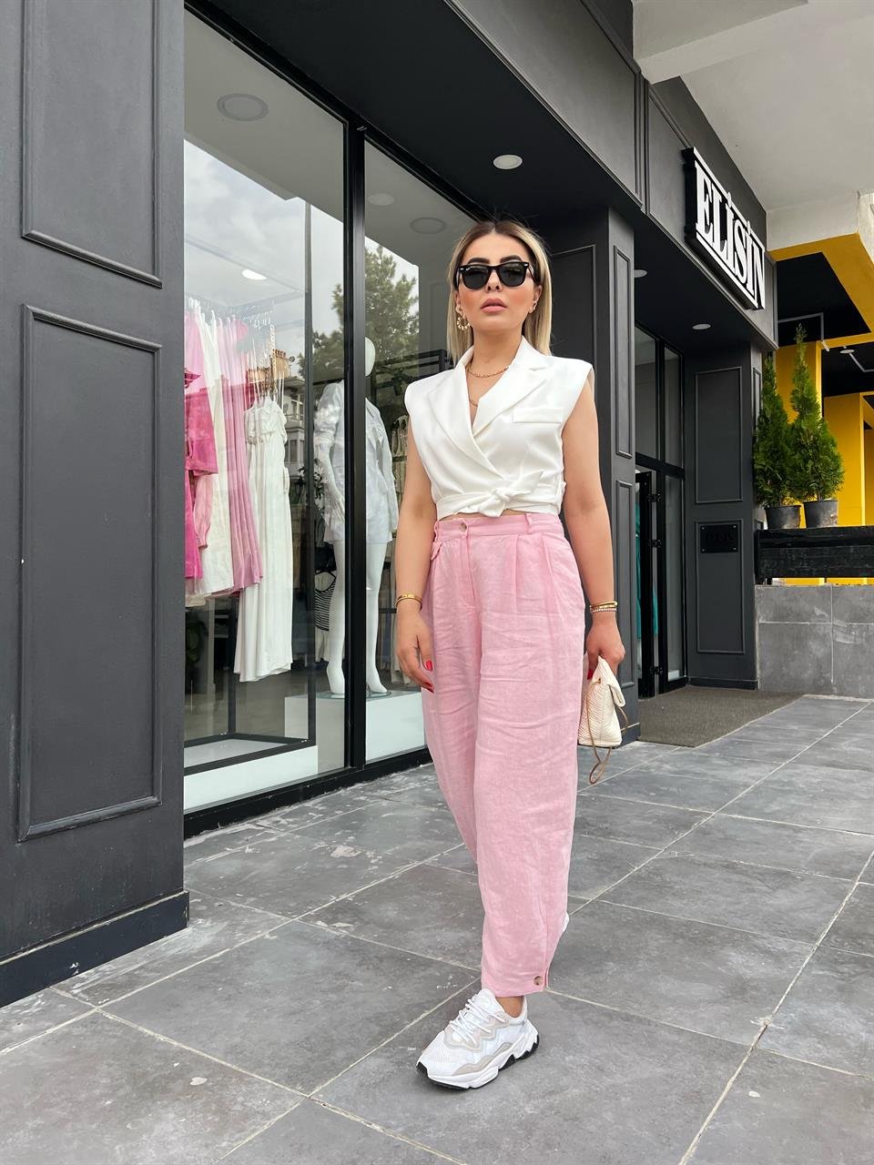 Şeker Pembe Ham Keten Paça Düğmeli Pantolon