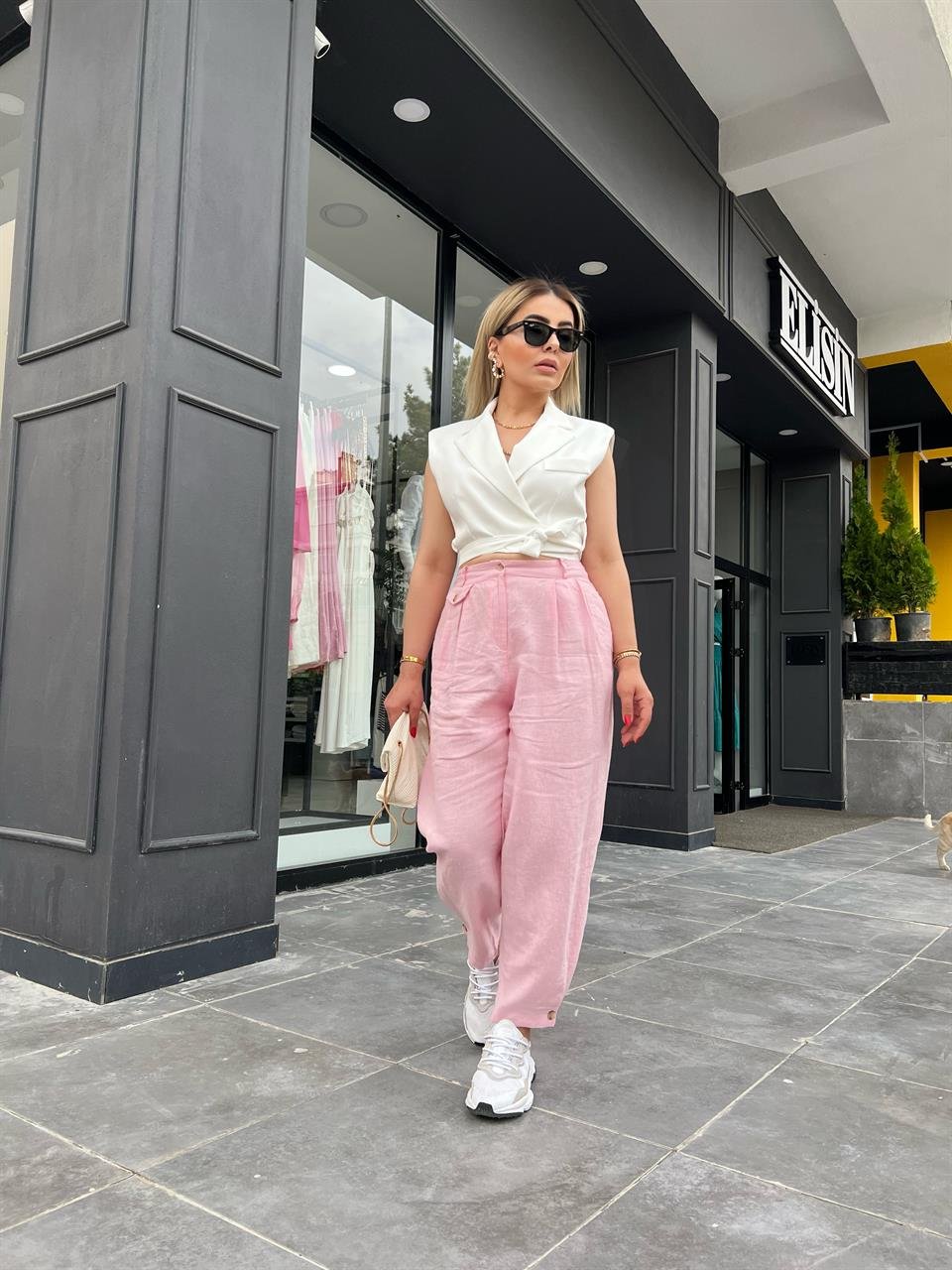 Şeker Pembe Ham Keten Paça Düğmeli Pantolon
