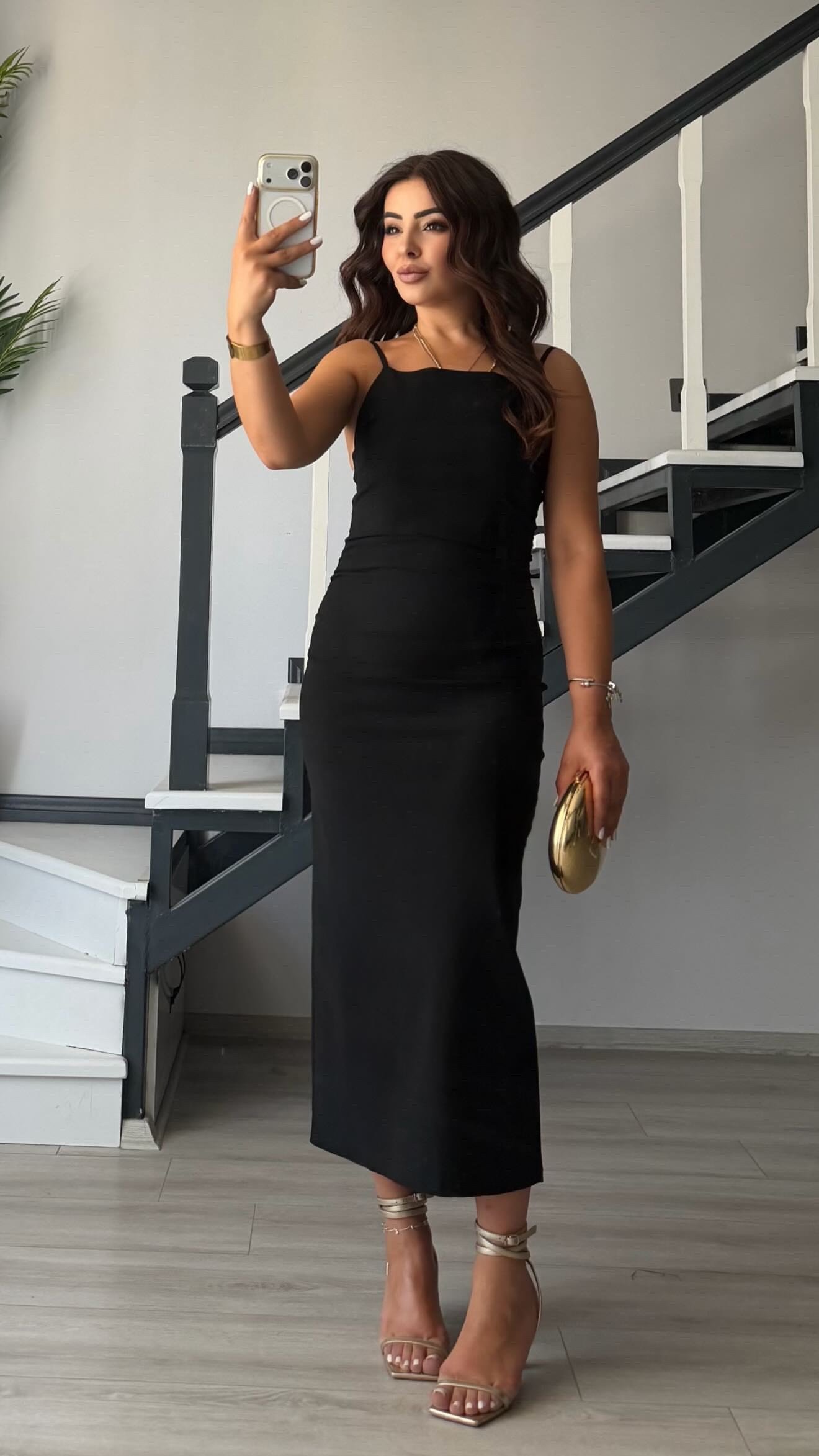 Black Ruched Midi Dress with Adjustable Straps