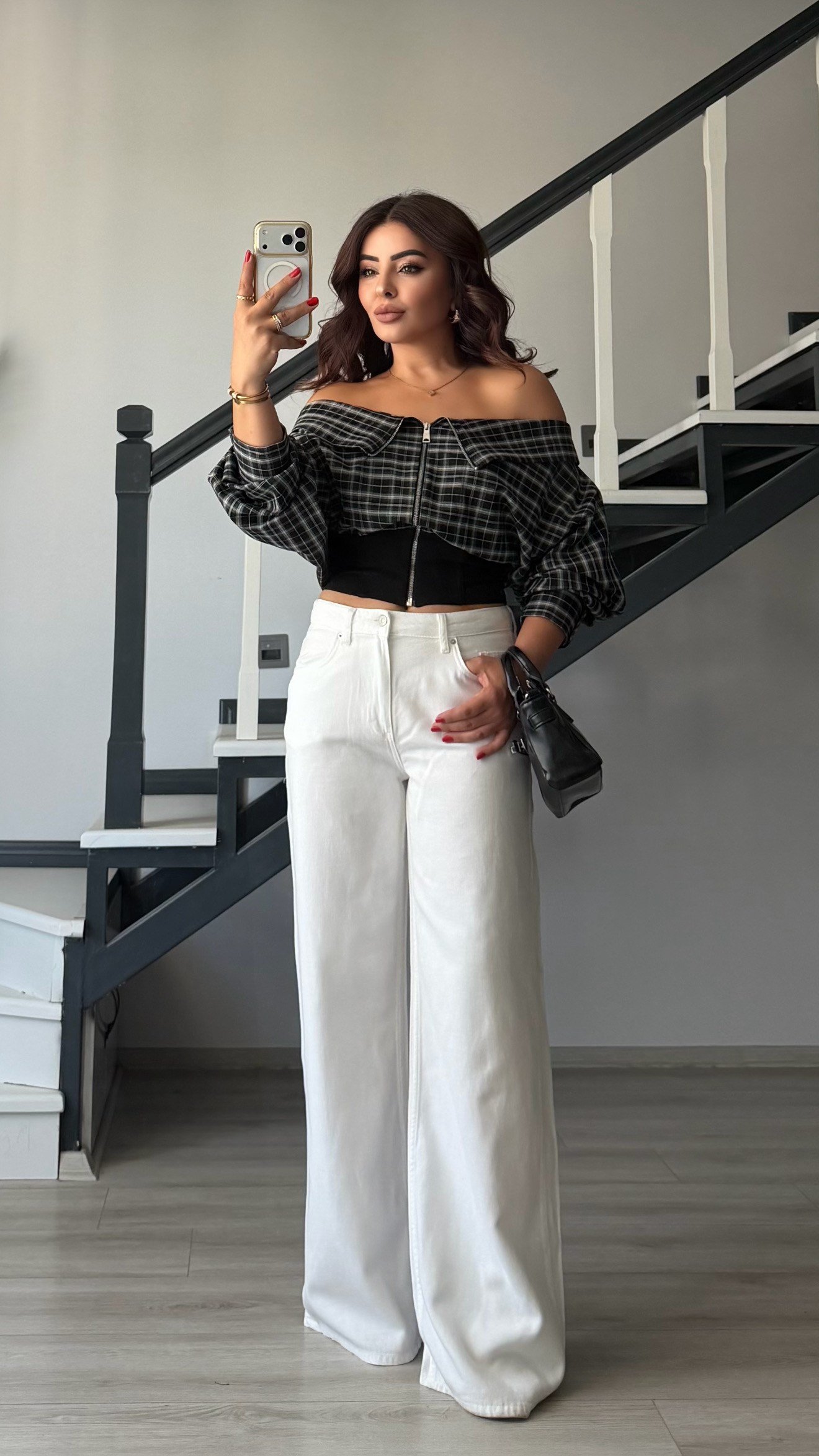 Black Plaid Zip-Up Design Blouse