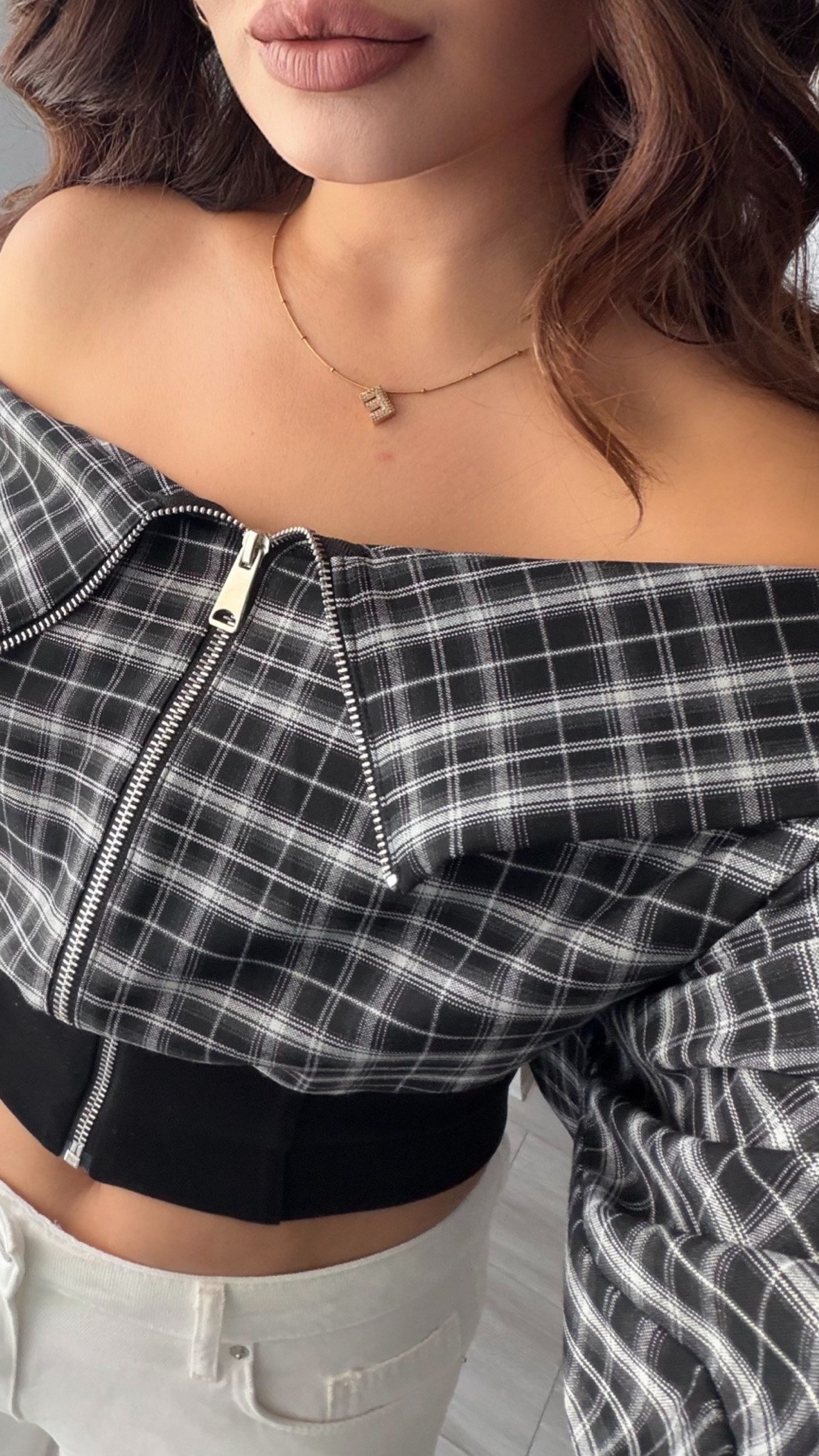 Black Plaid Zip-Up Design Blouse