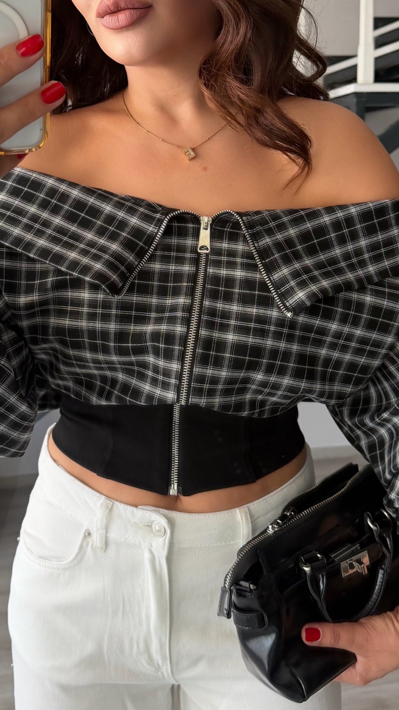 Black Plaid Zip-Up Design Blouse