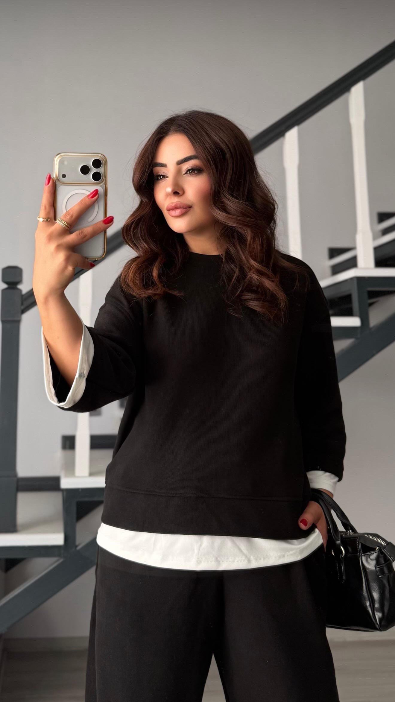 Black Contrast T-Shirt Detailed Knit Set