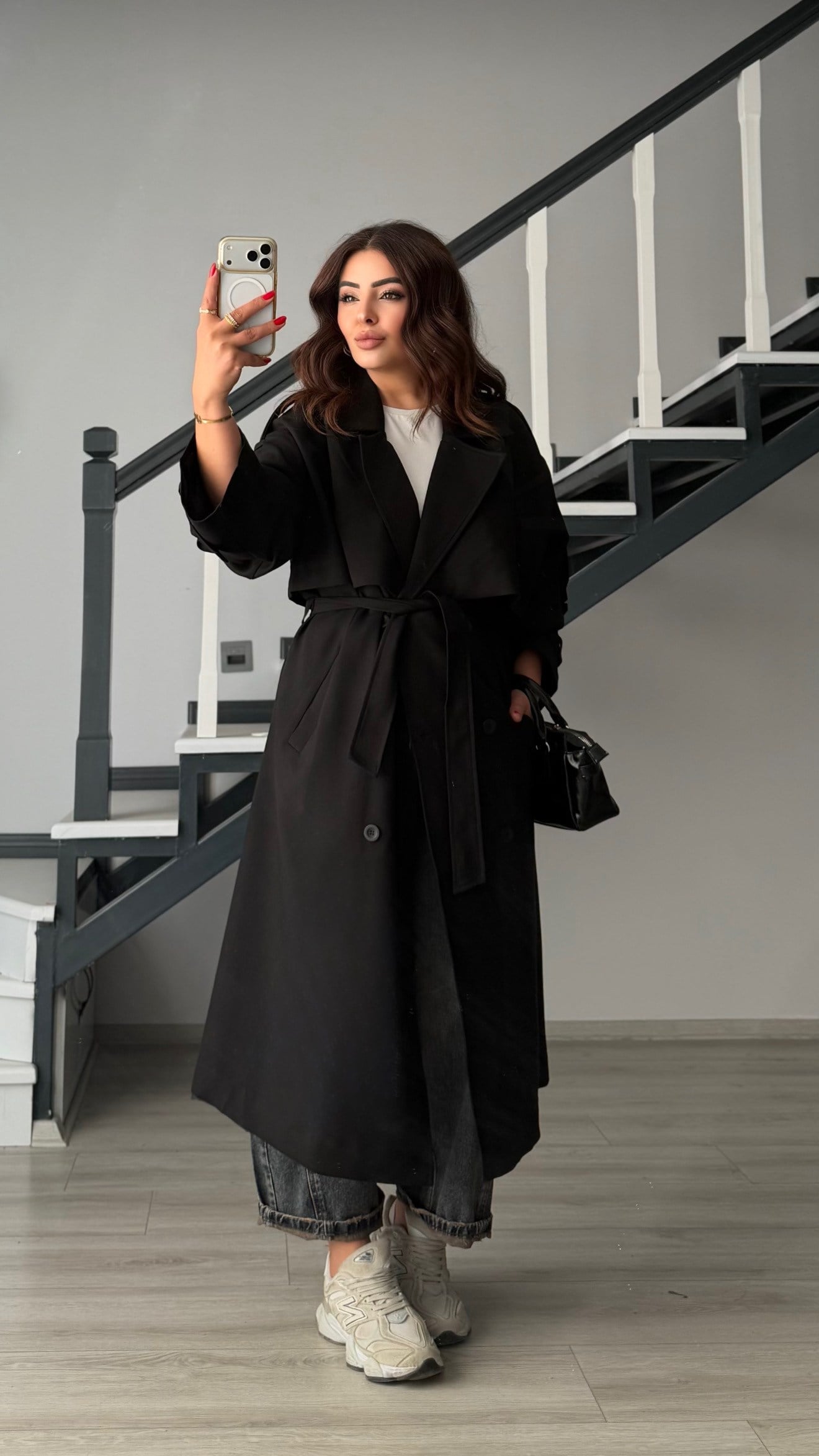 Siyah Kuşaklı Oversize Premium trençkot