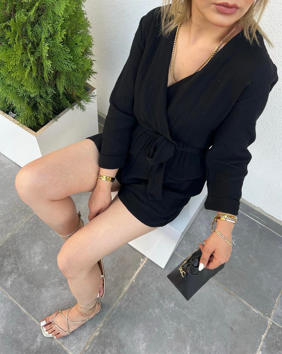 Siyah Müslin Kumaş Kuşaklı Tulum
