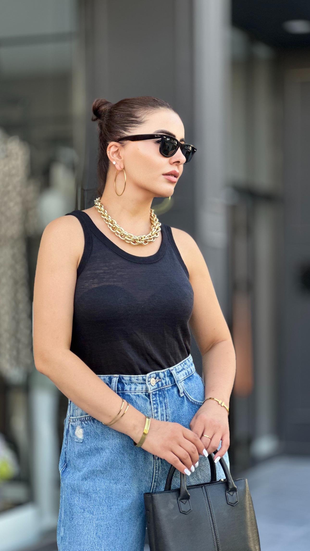 Siyah Orijinal Marka Transparan Halter Yaka Atlet