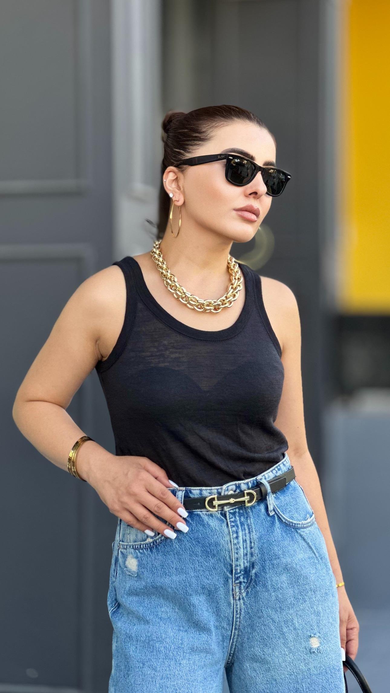 Siyah Orijinal Marka Transparan Halter Yaka Atlet